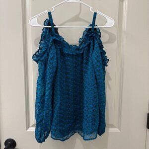 Karina Grimaldi Blue Patterned Cold Shoulder Blouse Ruffle Size S Boho